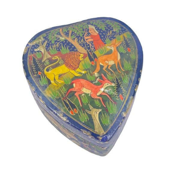 Hand-Painted Heart Shaped Decorative Box With Forest Animal Scene from India - Picture 1 of 12